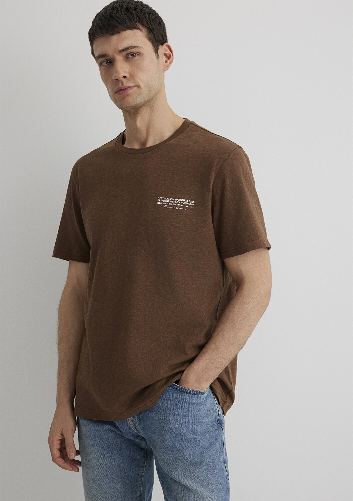 Mavi Baskılı Kahverengi Tişört Regular Fit / Normal Kesim 0612617-89330