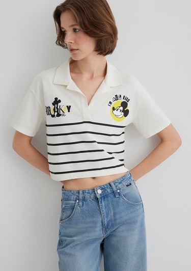  Mavi Mickey Mouse Baskılı Çizgili Tişört Regular Fit / Normal Kesim 1612853-85308