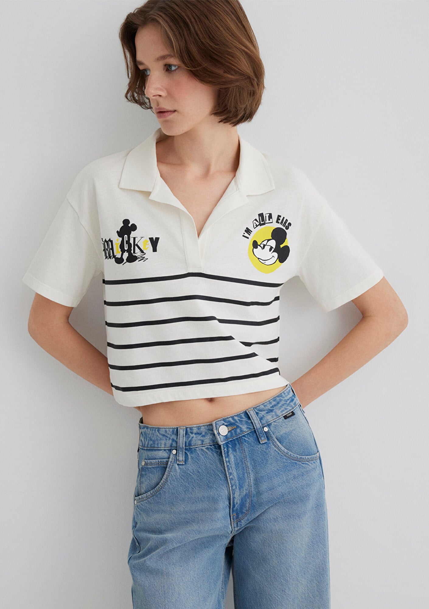  Mavi Mickey Mouse Baskılı Çizgili Tişört Regular Fit / Normal Kesim 1612853-85308