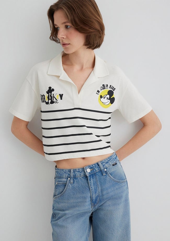  Mavi Mickey Mouse Baskılı Çizgili Tişört Regular Fit / Normal Kesim 1612853-85308