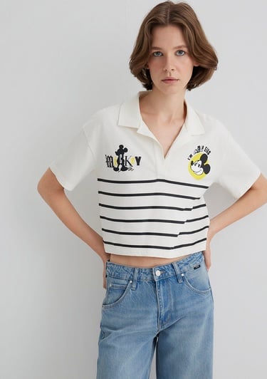  Mavi Mickey Mouse Baskılı Çizgili Tişört Regular Fit / Normal Kesim 1612853-85308