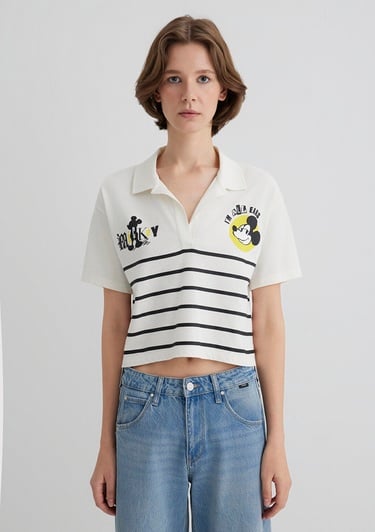  Mavi Mickey Mouse Baskılı Çizgili Tişört Regular Fit / Normal Kesim 1612853-85308