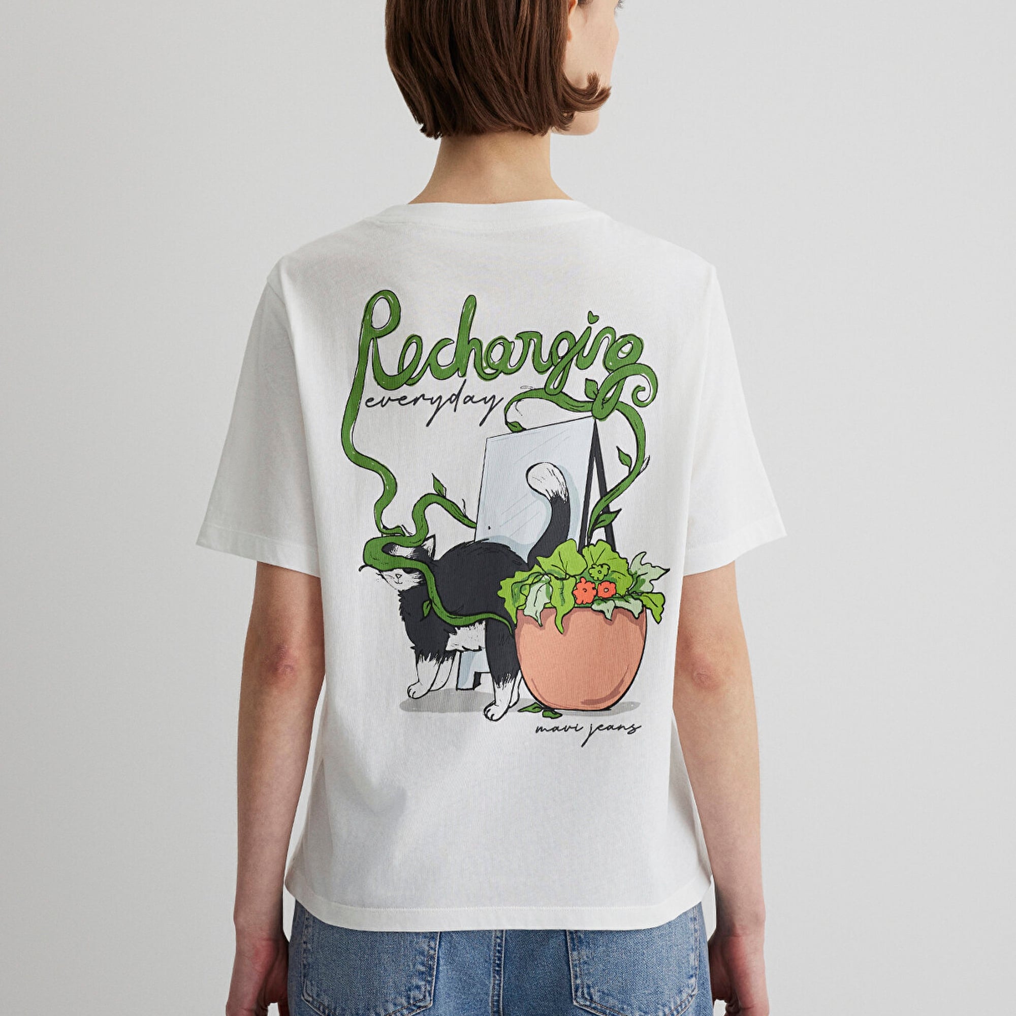 Mavi Kedi Baskılı Ekru Tişört Regular Fit / Normal Kesim 1613166-70057