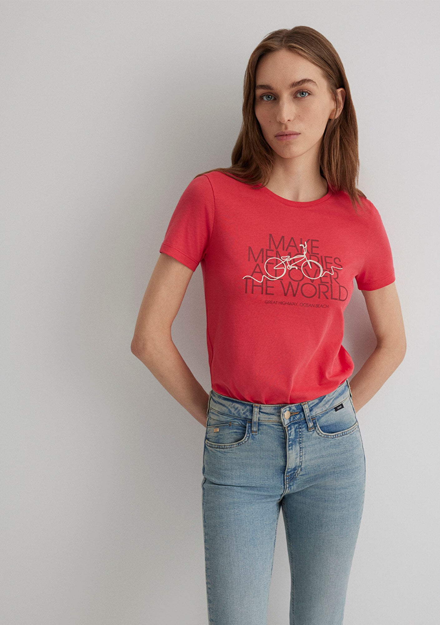  Mavi Bisiklet Baskılı Kırmızı Tişört Slim Fit / Dar Kesim 1613190-71083