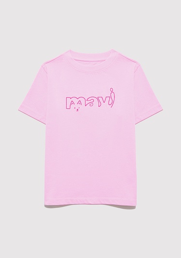 Mavi Mavi Logo Kedi Baskılı Pembe Tişört Regular Fit / Normal Kesim 7610338-70973