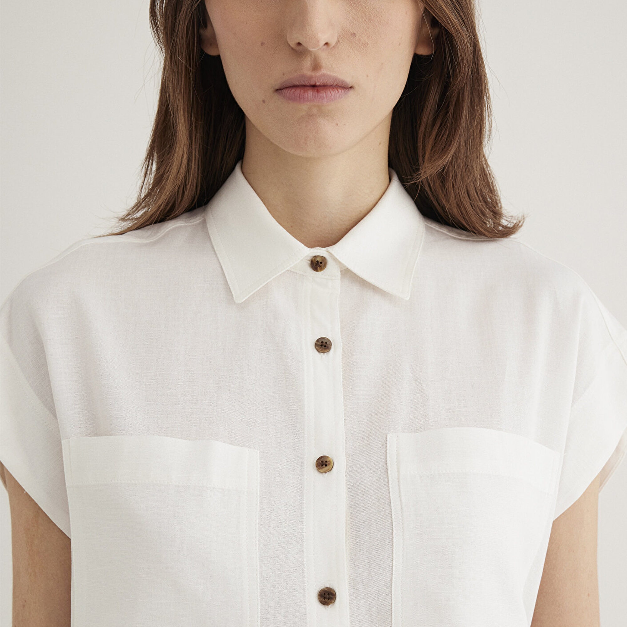 Mavi Keten Karışımlı Ekru Gömlek Loose Fit / Bol Rahat Kesim 1211090-70057