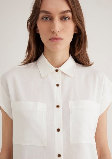  Mavi Keten Karışımlı Ekru Gömlek Loose Fit / Bol Rahat Kesim 1211090-70057