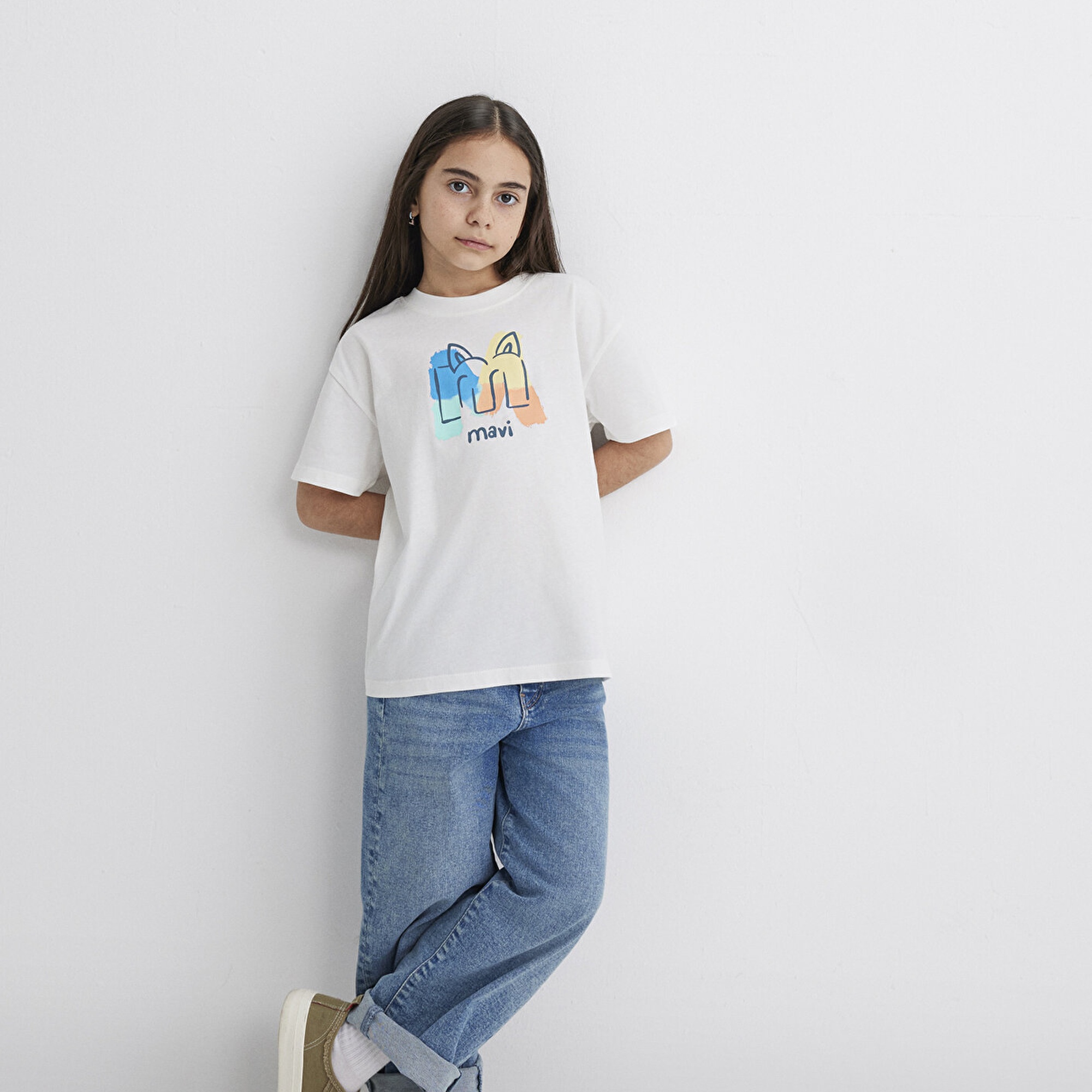 Mavi Mavi Logo Kedi Baskılı Ekru Tişört Loose Fit / Bol Rahat Kesim 7610339-70057