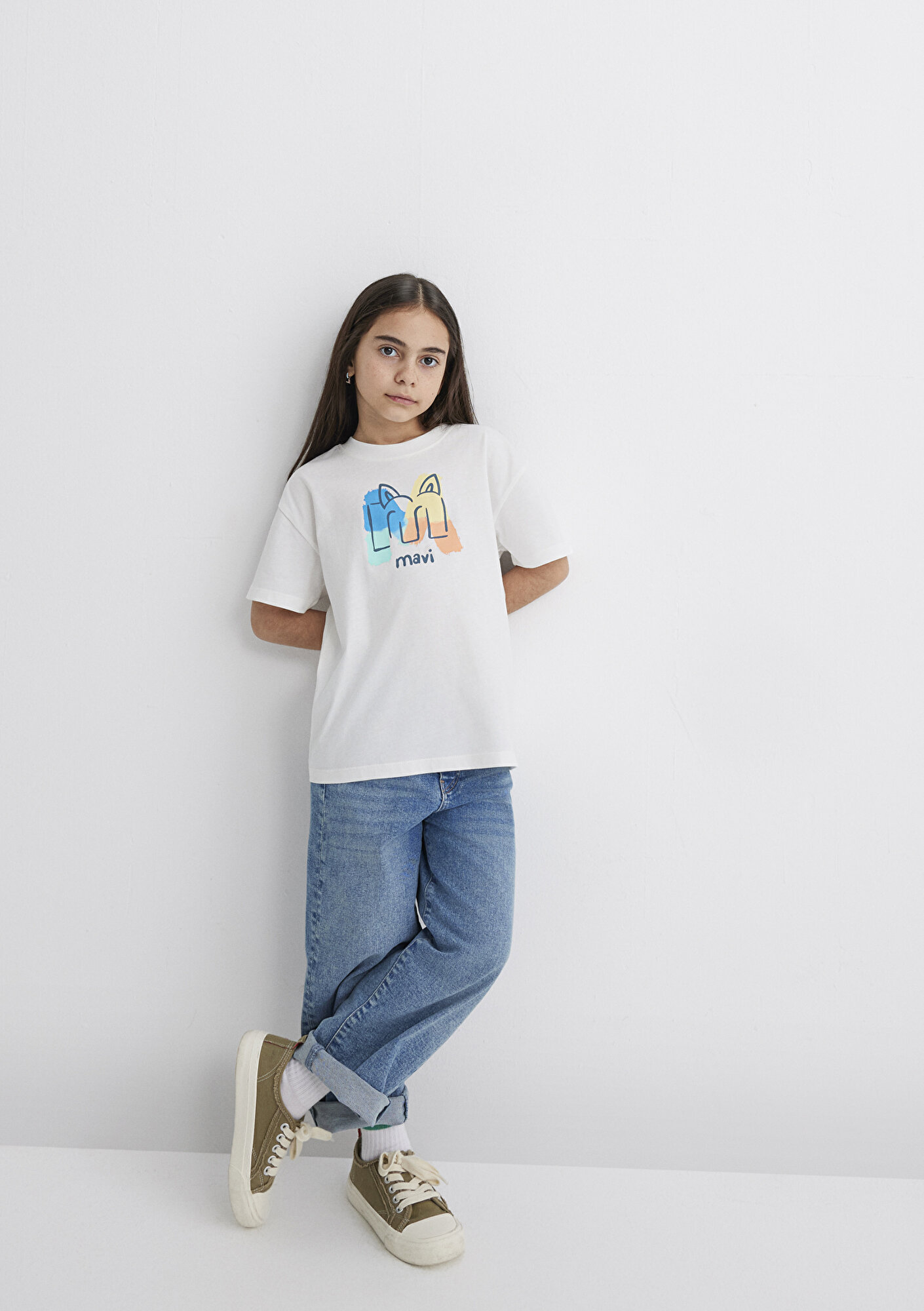  Mavi Mavi Logo Kedi Baskılı Ekru Tişört Loose Fit / Bol Rahat Kesim 7610339-70057