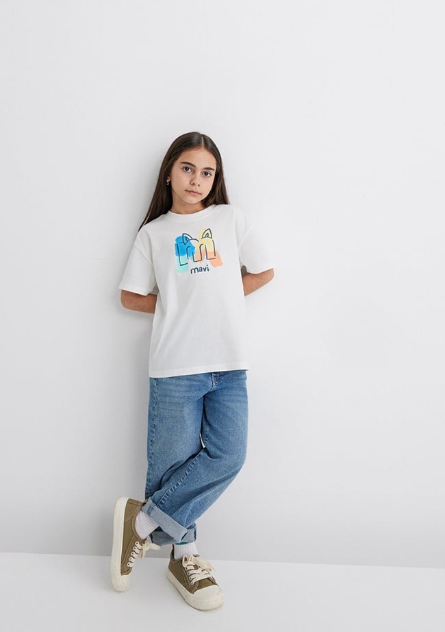  Mavi Mavi Logo Kedi Baskılı Ekru Tişört Loose Fit / Bol Rahat Kesim 7610339-70057