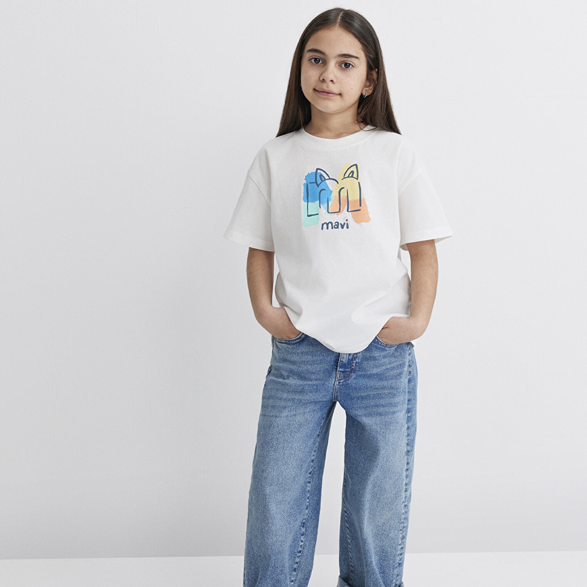 Mavi Mavi Logo Kedi Baskılı Ekru Tişört Loose Fit / Bol Rahat Kesim 7610339-70057