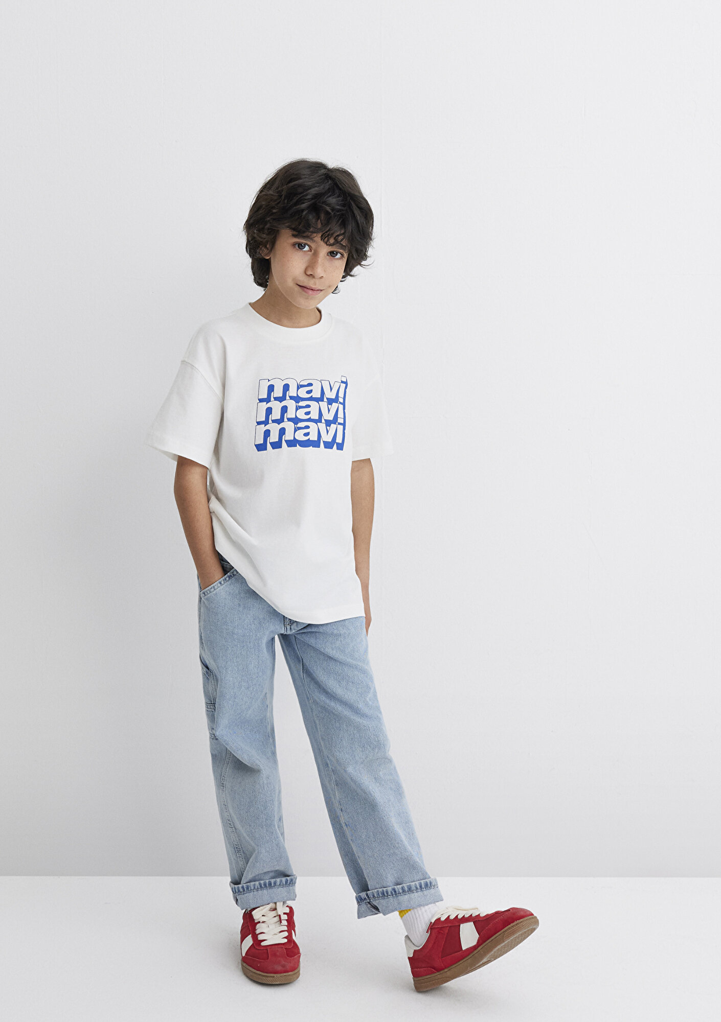  Mavi Mavi Logo Baskılı Ekru Tişört Loose Fit / Bol Rahat Kesim 6610284-70057