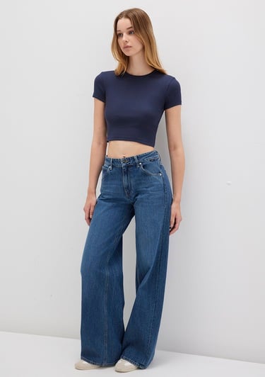  Mavi Lacivert Basic Crop Tişört Crop / Kısa Kesim 1600814-85315
