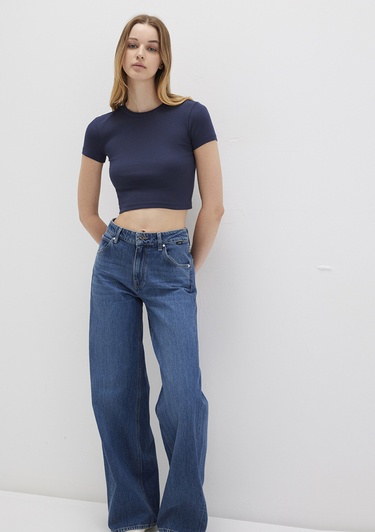  Mavi Lacivert Basic Crop Tişört Crop / Kısa Kesim 1600814-85315