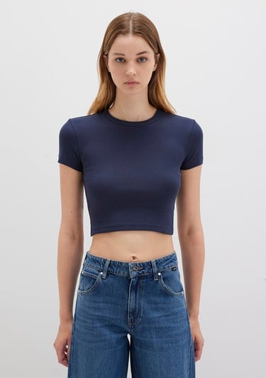  Mavi Lacivert Basic Crop Tişört Crop / Kısa Kesim 1600814-85315