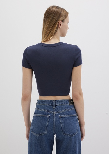  Mavi Lacivert Basic Crop Tişört Crop / Kısa Kesim 1600814-85315