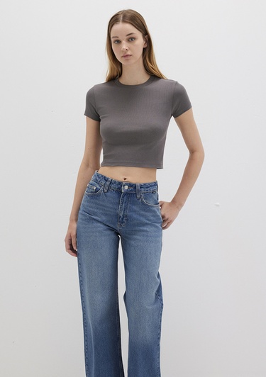  Mavi Gri Basic Crop Tişört Crop / Kısa Kesim 1600814-70095