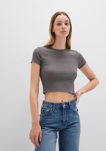  Mavi Gri Basic Crop Tişört Crop / Kısa Kesim 1600814-70095