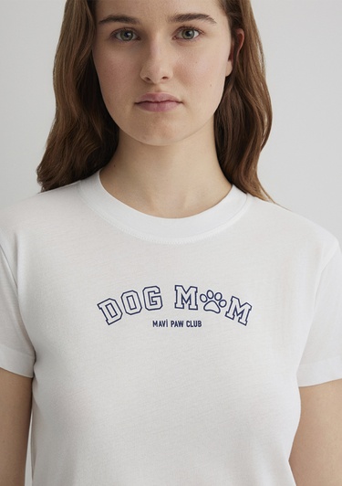  Mavi Köpek Baskılı Ekru Tişört Semi Slim Fit / Yarı Dar Kesim 1613194-70057