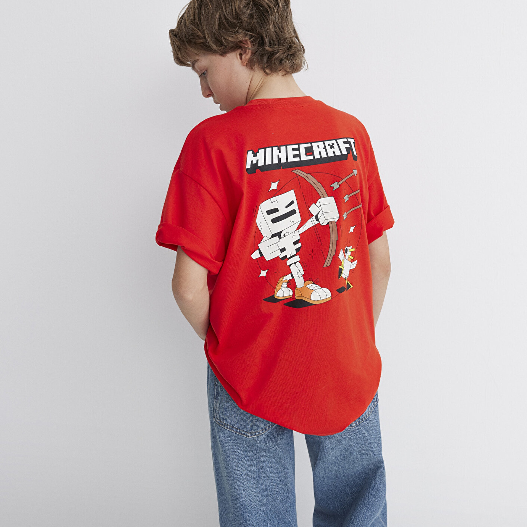 Mavi Minecraft Baskılı Kırmızı Tişört Oversize / Geniş Kesim 6610343-88523