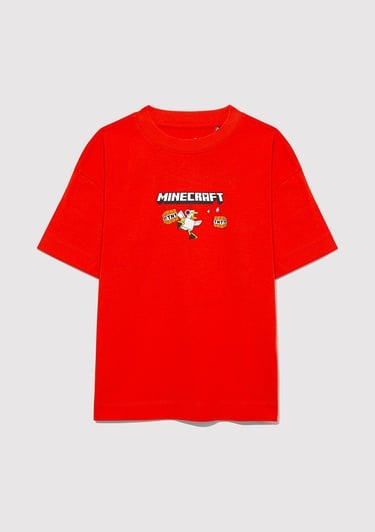  Mavi Minecraft Baskılı Kırmızı Tişört Oversize / Geniş Kesim 6610343-88523