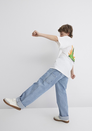  Mavi Minecraft Baskılı Ekru Tişört Oversize / Geniş Kesim 6610340-70057