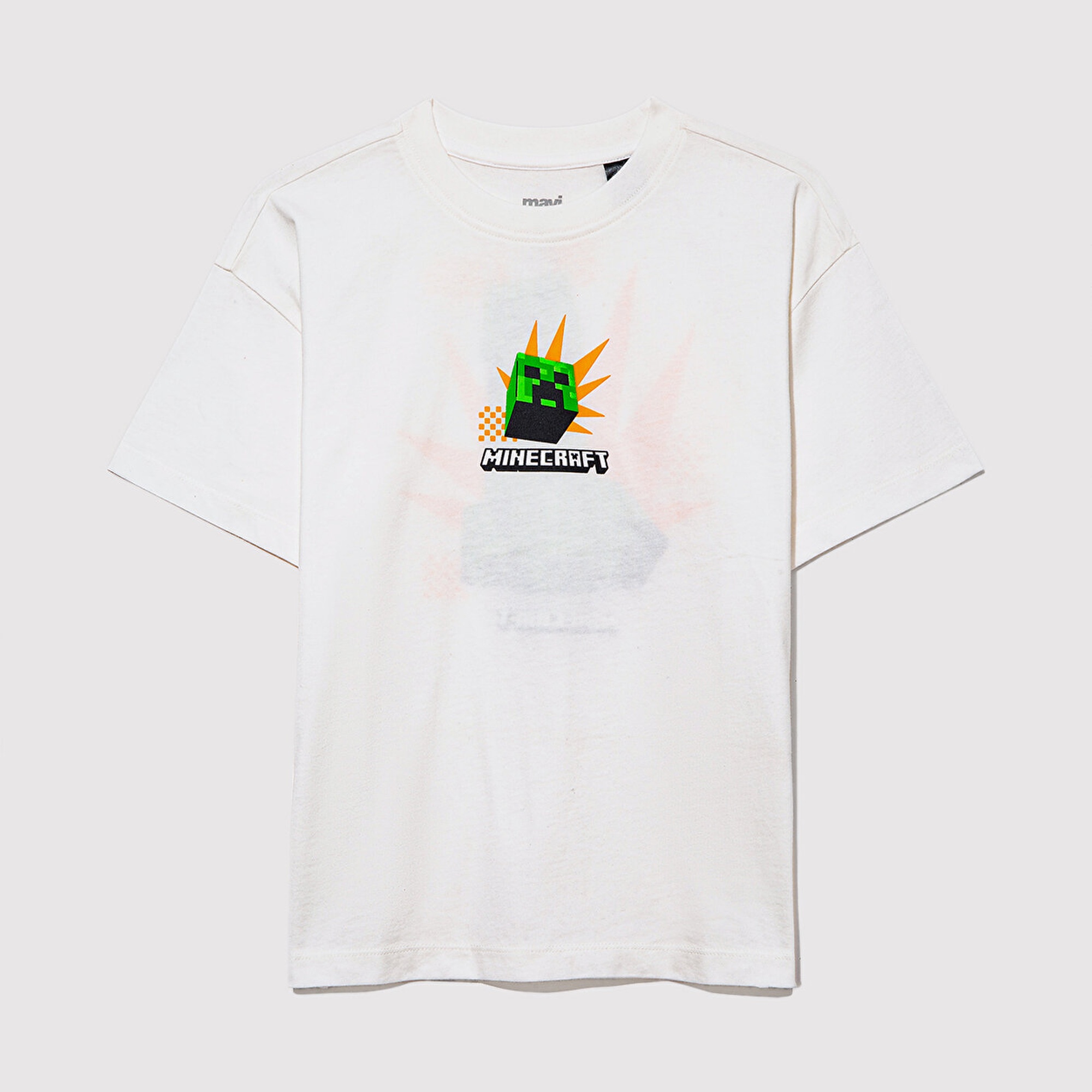 Mavi Minecraft Baskılı Ekru Tişört Oversize / Geniş Kesim 6610340-70057