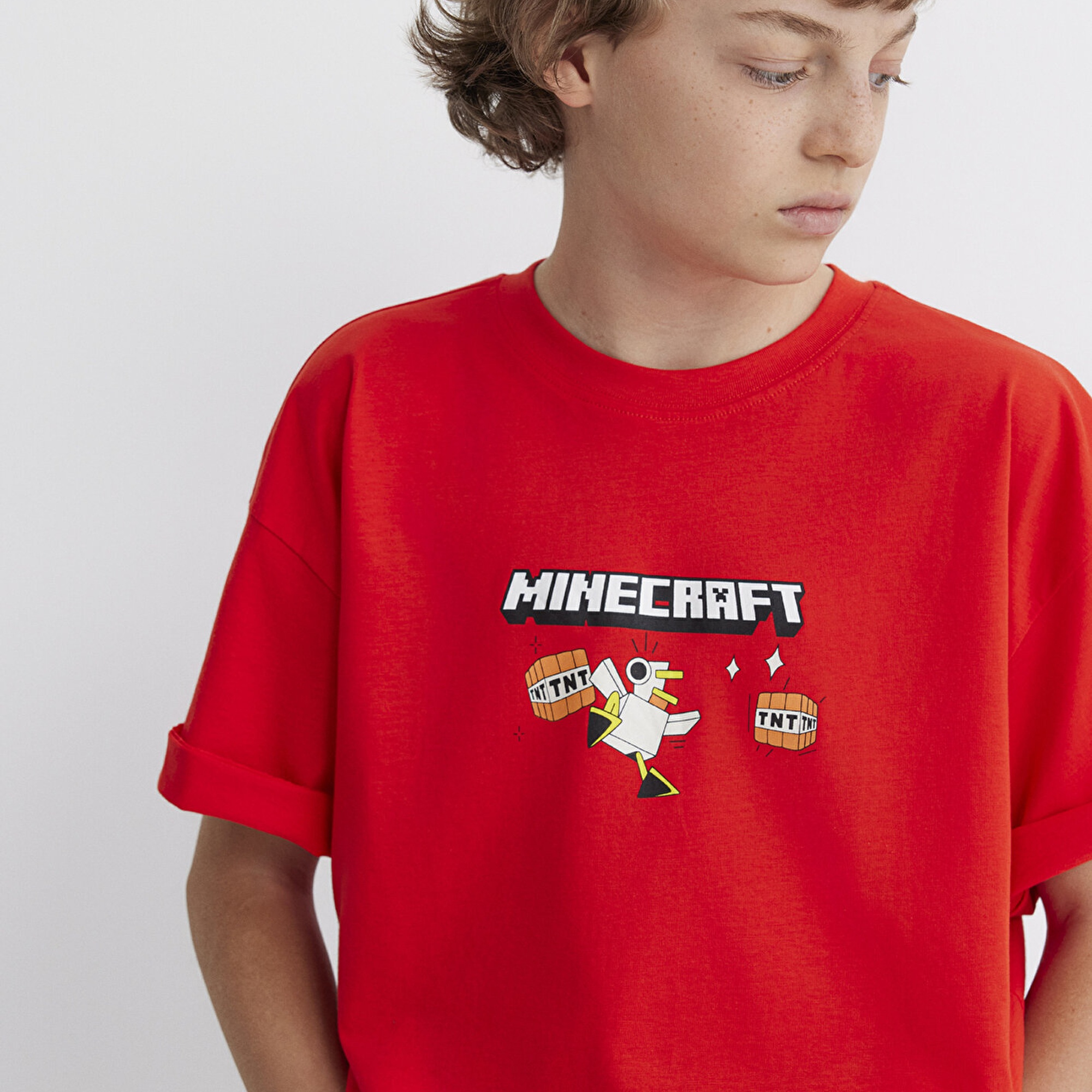 Mavi Minecraft Baskılı Kırmızı Tişört Oversize / Geniş Kesim 6610343-88523