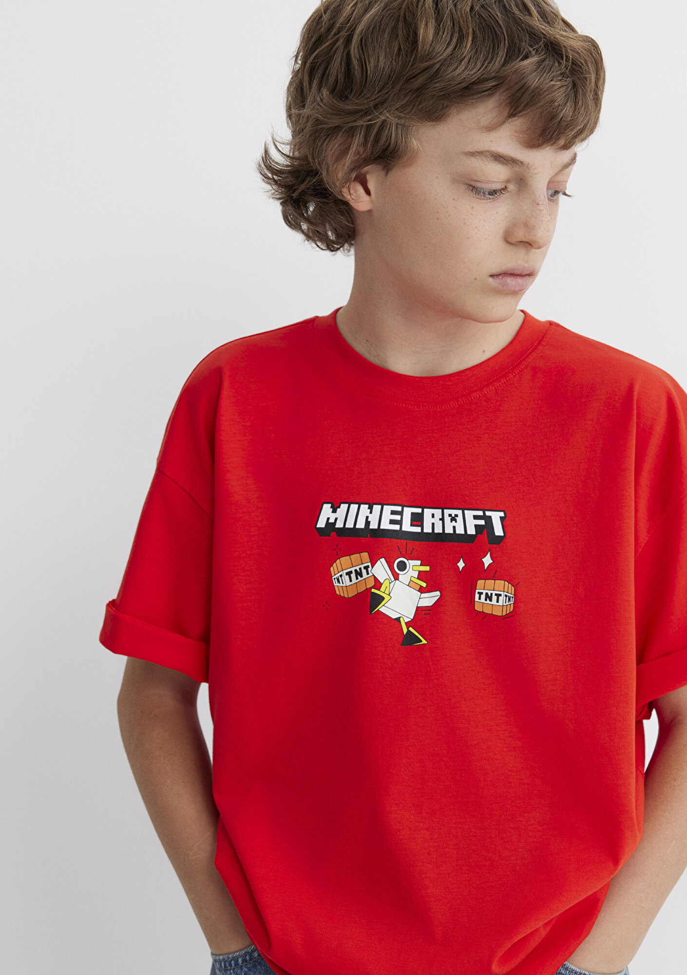  Mavi Minecraft Baskılı Kırmızı Tişört Oversize / Geniş Kesim 6610343-88523