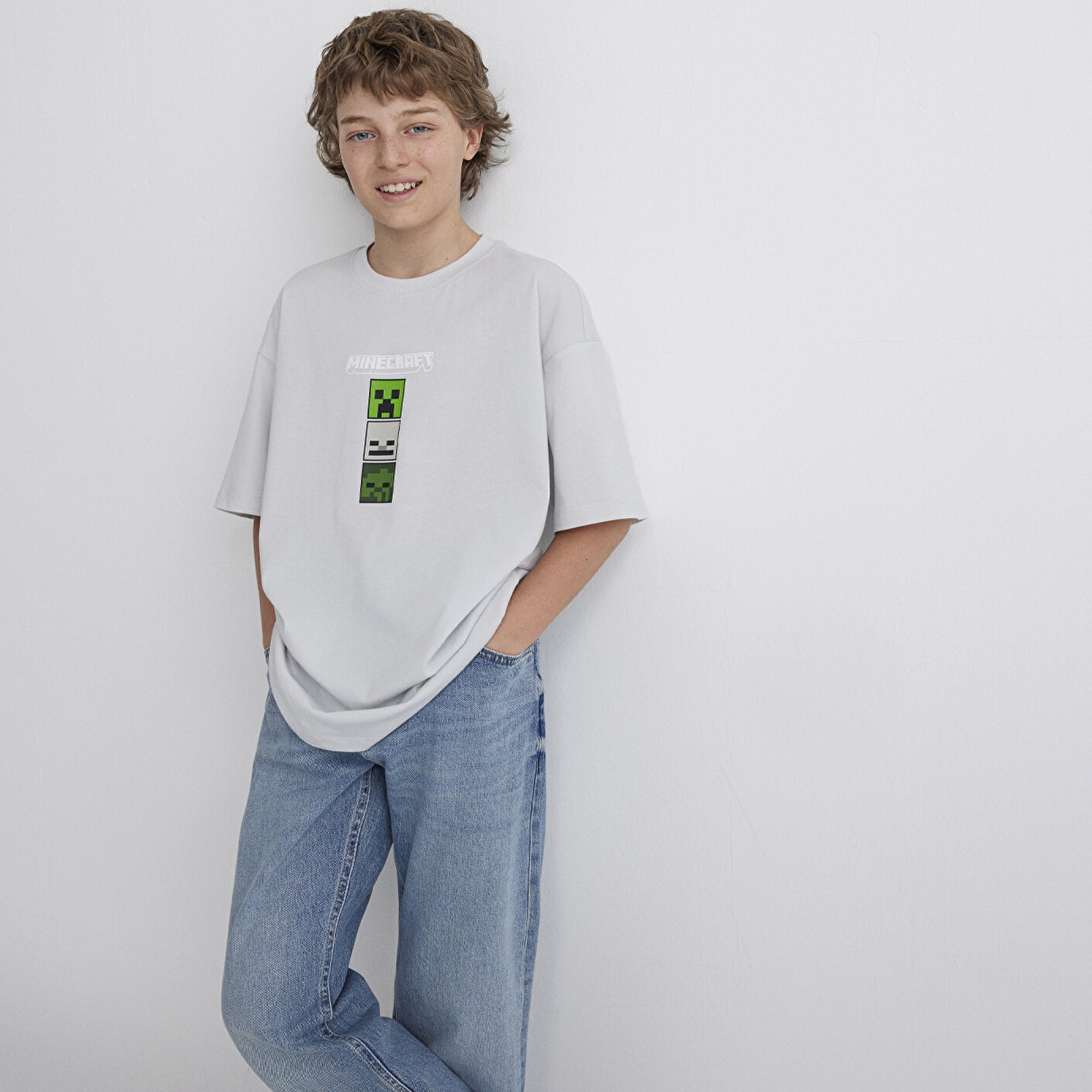 Mavi Minecraft Baskılı Gri Tişört Oversize / Geniş Kesim 6610344-80618