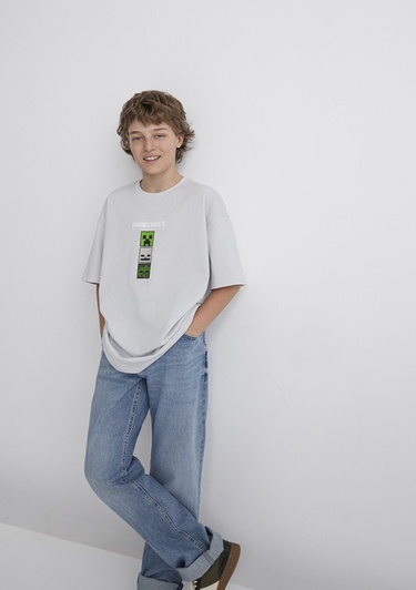  Mavi Minecraft Baskılı Gri Tişört Oversize / Geniş Kesim 6610344-80618