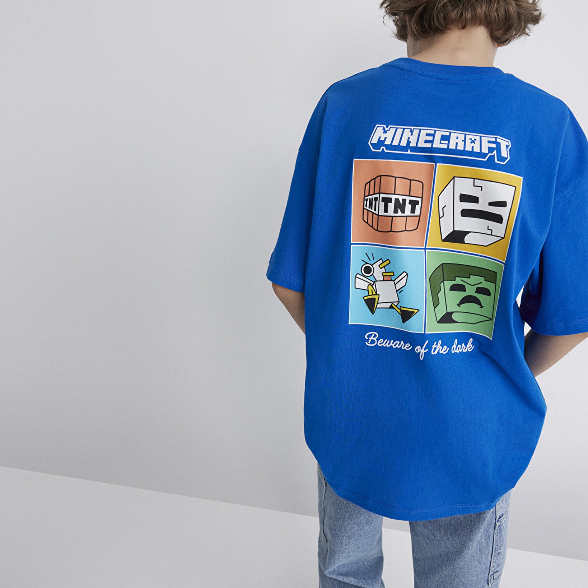 Mavi Minecraft Baskılı Mavi Tişört Oversize / Geniş Kesim 6610342-82491