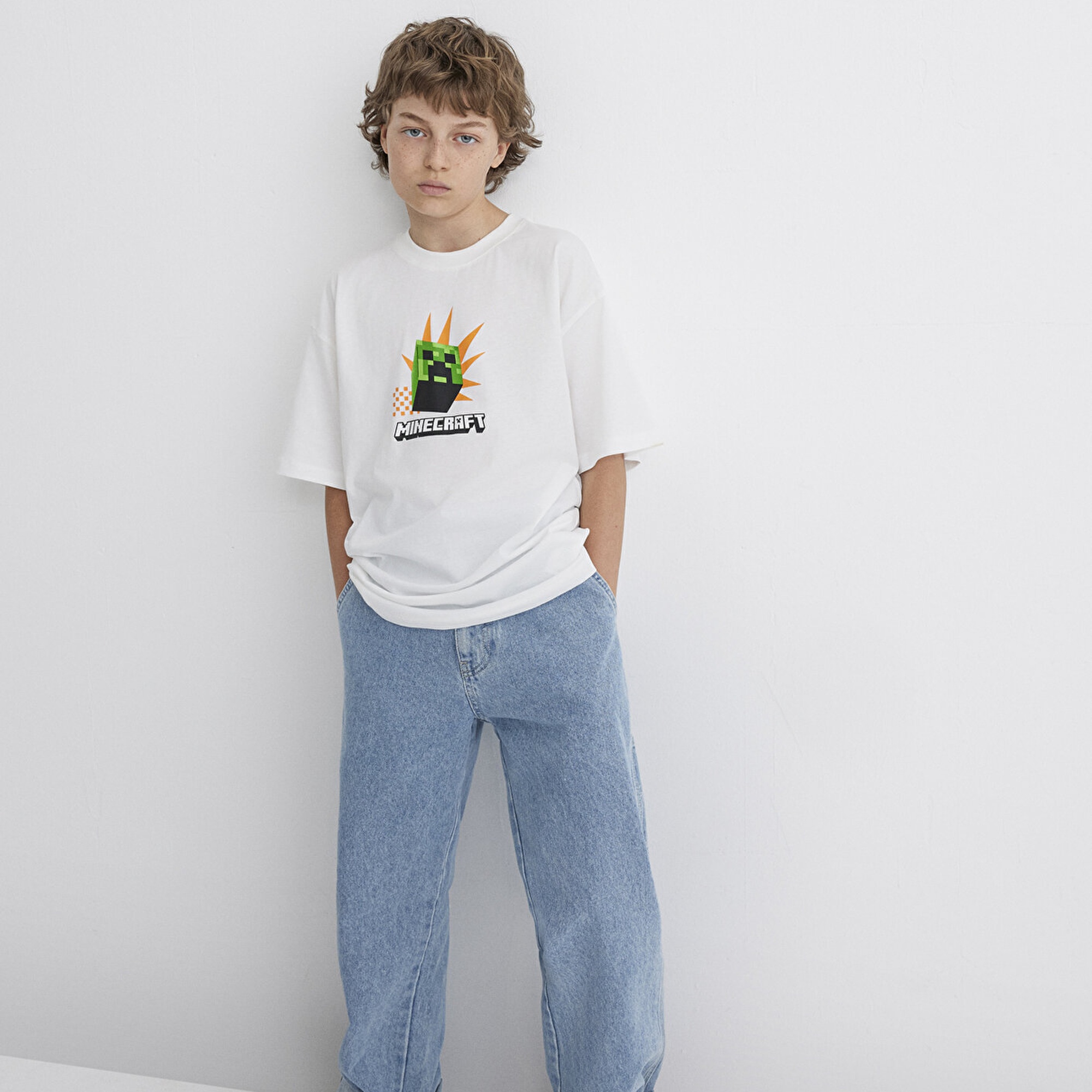 Mavi Minecraft Baskılı Ekru Tişört Oversize / Geniş Kesim 6610340-70057
