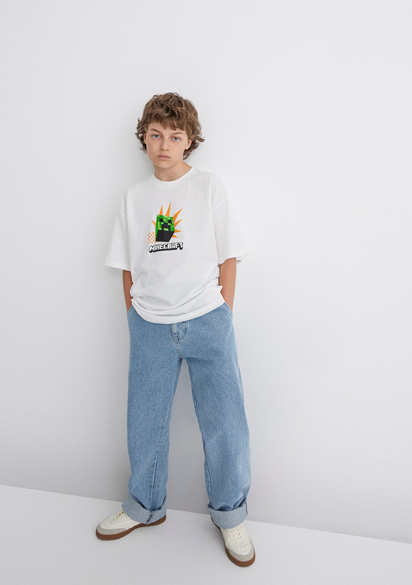  Mavi Minecraft Baskılı Ekru Tişört Oversize / Geniş Kesim 6610340-70057