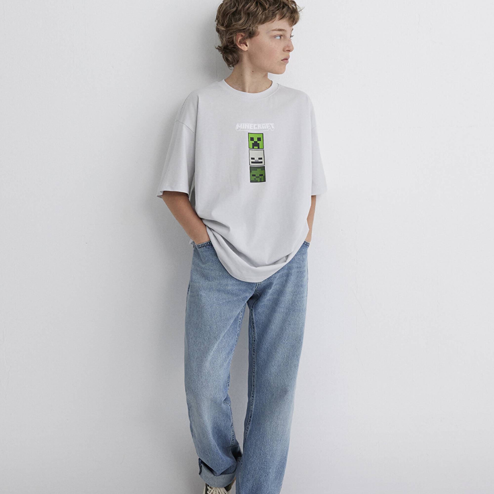 Mavi Minecraft Baskılı Gri Tişört Oversize / Geniş Kesim 6610344-80618