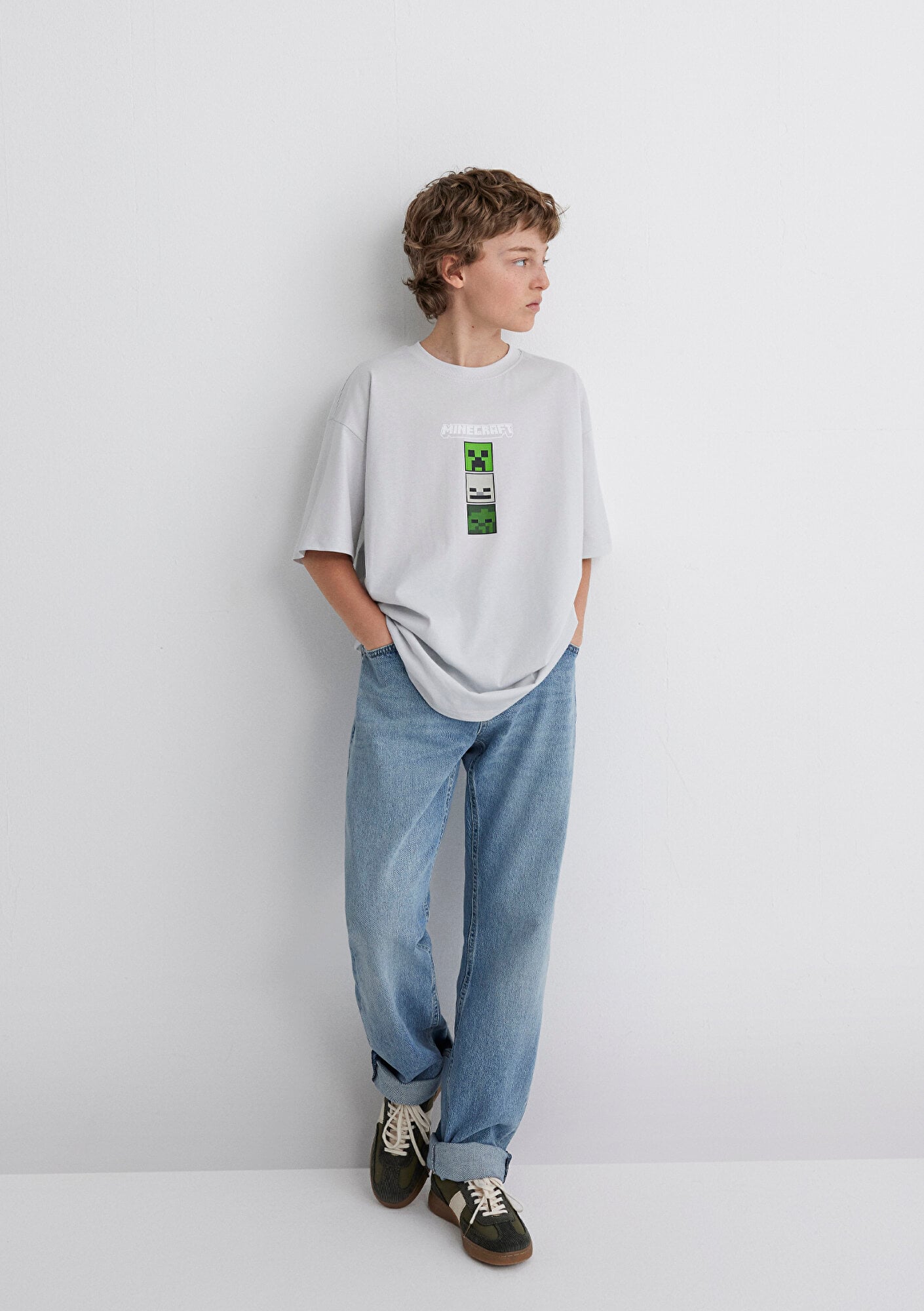  Mavi Minecraft Baskılı Gri Tişört Oversize / Geniş Kesim 6610344-80618