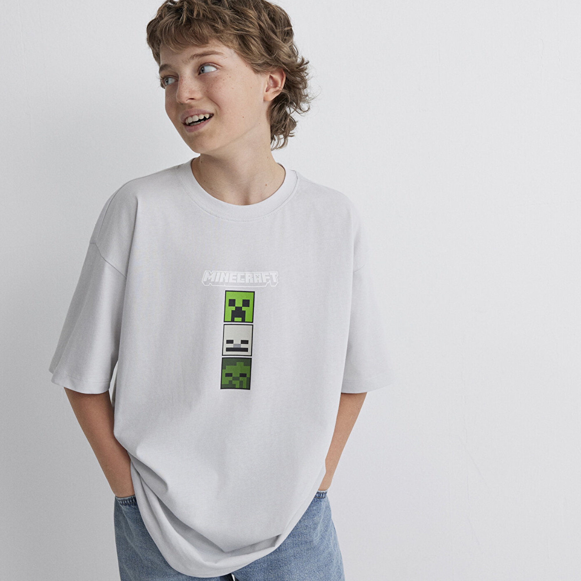 Mavi Minecraft Baskılı Gri Tişört Oversize / Geniş Kesim 6610344-80618