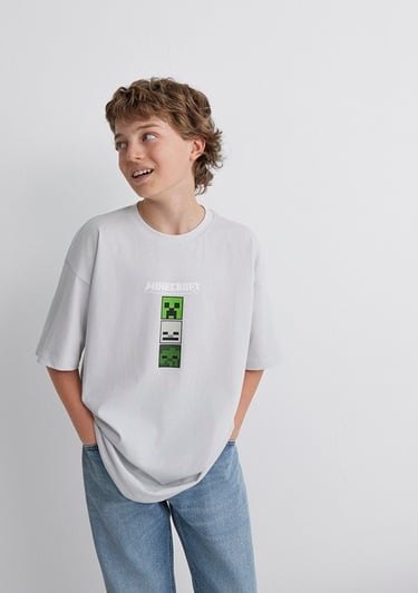  Mavi Minecraft Baskılı Gri Tişört Oversize / Geniş Kesim 6610344-80618