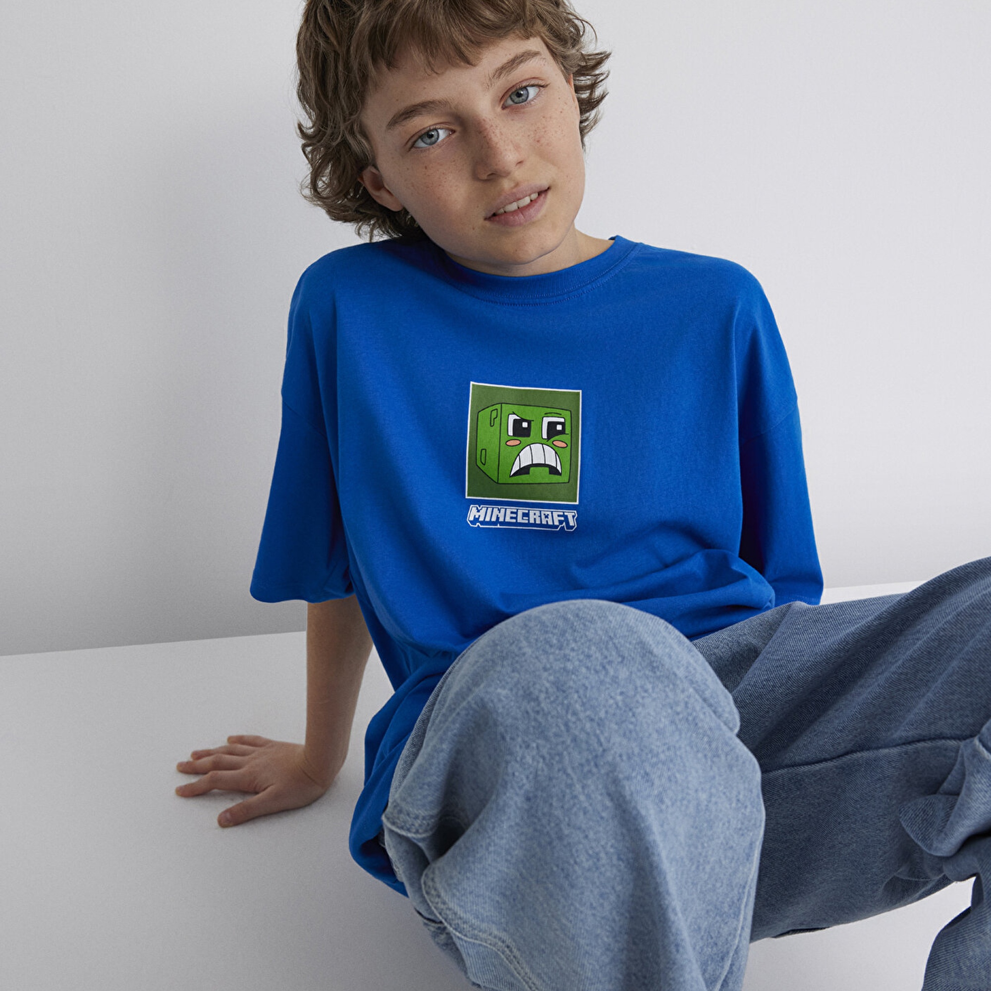 Mavi Minecraft Baskılı Mavi Tişört Oversize / Geniş Kesim 6610342-82491