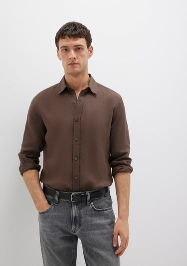  Mavi Kahverengi Keten Gömlek Slim Fit / Dar Kesim 0211466-87537