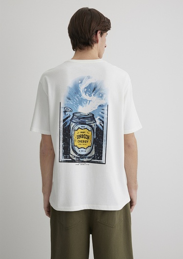  Mavi Sırt Baskılı Beyaz Tişört Loose Fit / Bol Rahat Kesim 0612455-80194