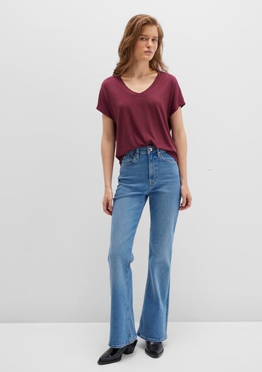  Mavi V Yaka Bordo Basic Viskoz Tişört Regular Fit / Normal Kesim 167714-70393