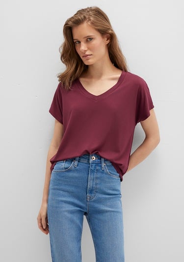  Mavi V Yaka Bordo Basic Viskoz Tişört Regular Fit / Normal Kesim 167714-70393