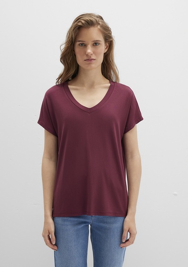  Mavi V Yaka Bordo Basic Viskoz Tişört Regular Fit / Normal Kesim 167714-70393