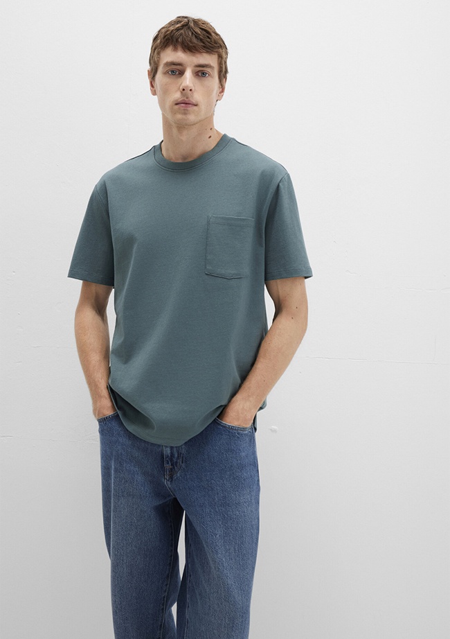  Mavi Cep Detaylı Yeşil Basic Tişört Loose Fit / Bol Rahat Kesim 066248-71577