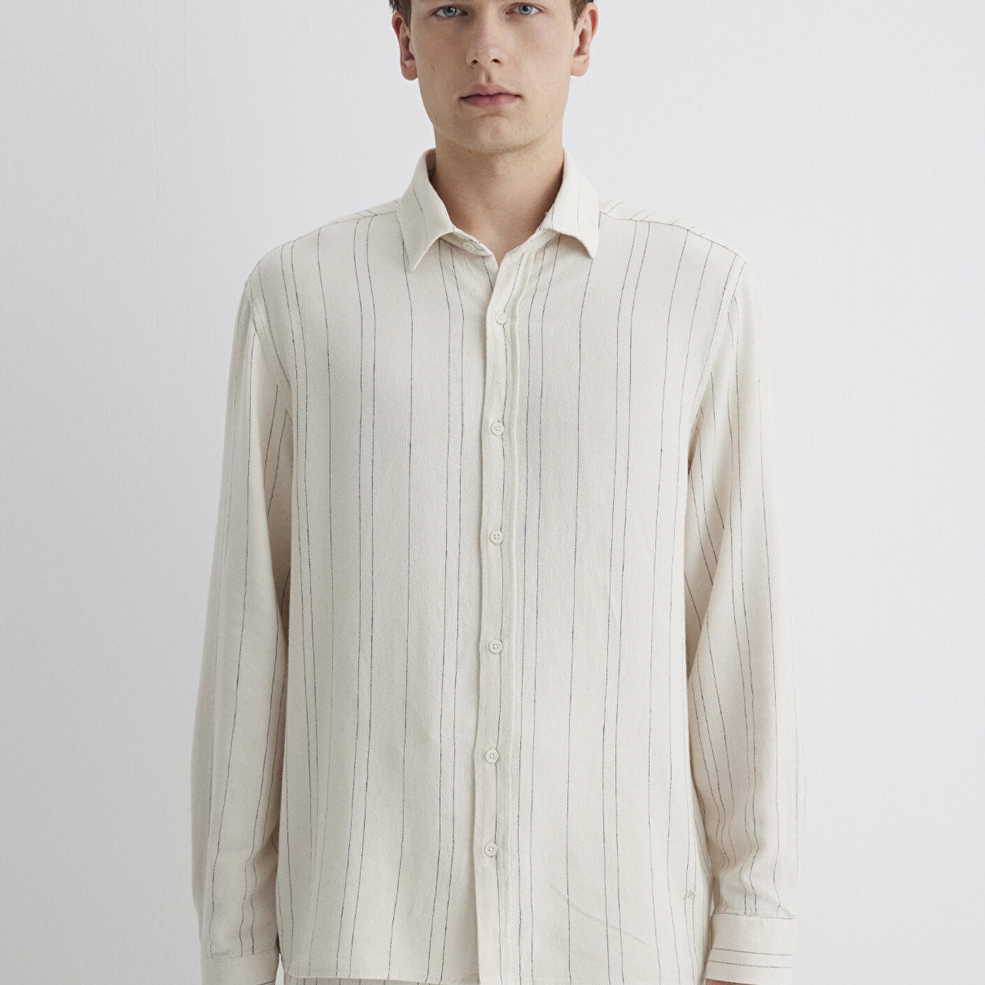 Mavi Keten Karışımlı Çizgili Bej Gömlek Regular Fit / Normal Kesim 0211617-83884