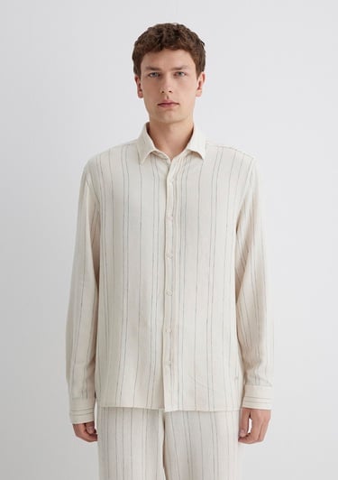  Mavi Keten Karışımlı Çizgili Bej Gömlek Regular Fit / Normal Kesim 0211617-83884