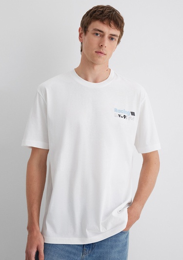  Mavi Baskılı Ekru Tişört Loose Fit / Bol Rahat Kesim 0613033-70057