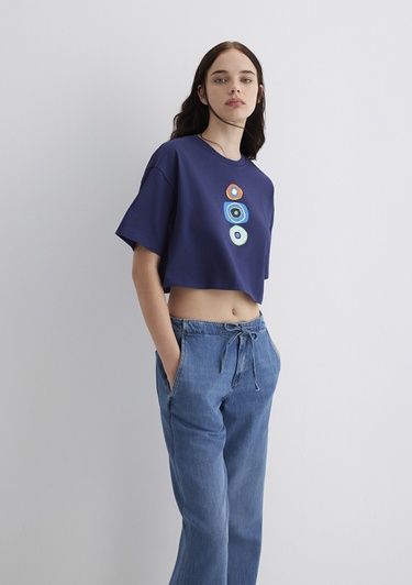  Mavi Nazar Boncuğu Baskılı Lacivert Tişört Crop / Kısa Kesim 1613443-70495