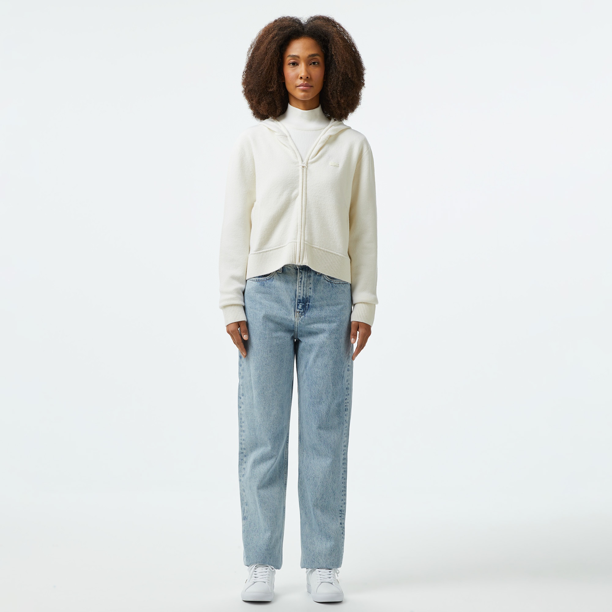 Kadın Relaxed Fit Kapüşonlu Beyaz Hırka